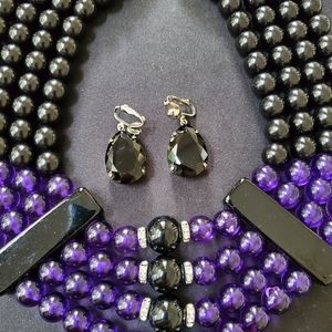 Necklace Vintage 80's Choker Rhinestone & Purple Translucent Balls plus Earrings